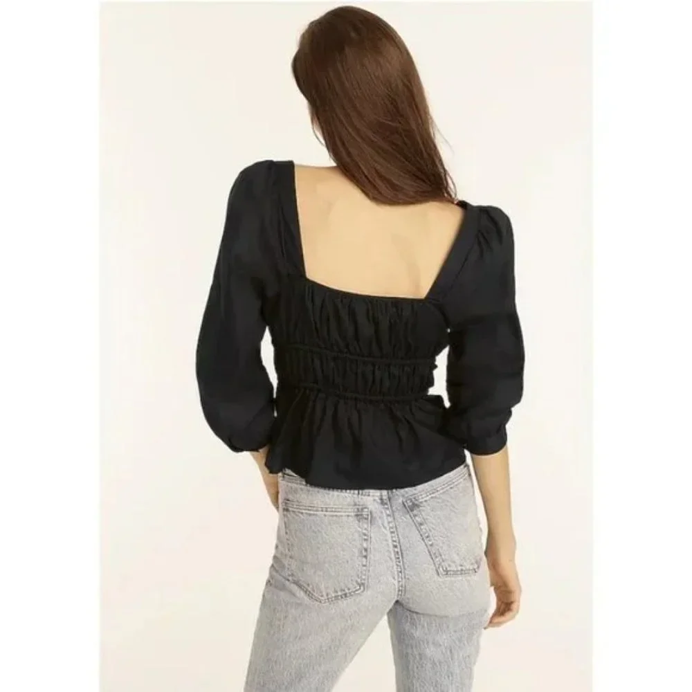 J.Crew‎ Winter Preppy Chic Cinched Waist Top in Herringbone Cotton in Black 6
